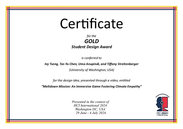 Certificate for the GOLD student design award. Details in text following the image