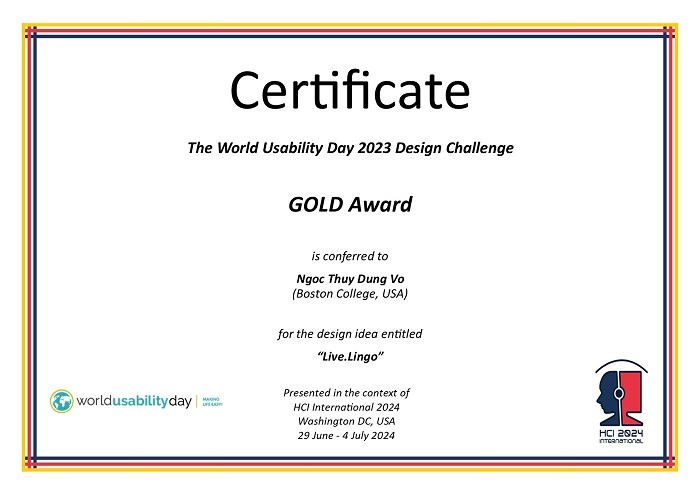 Certificate for the GOLD 2023 World Usability Day (WUD) Design Challenge (DC) award. Details in text following the image