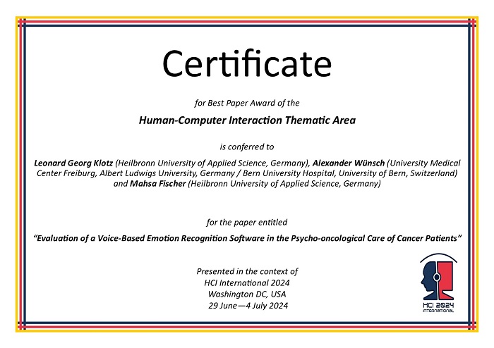 Certificate for best paper award of the Human-Computer Interaction thematic area. Details in text following the image