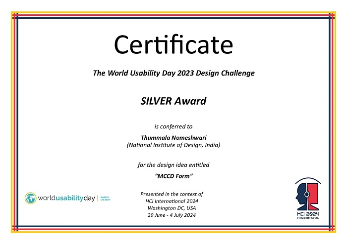 Certificate for the SILVER 2023 World Usability Day (WUD) Design Challenge (DC) award. Details in text following the image