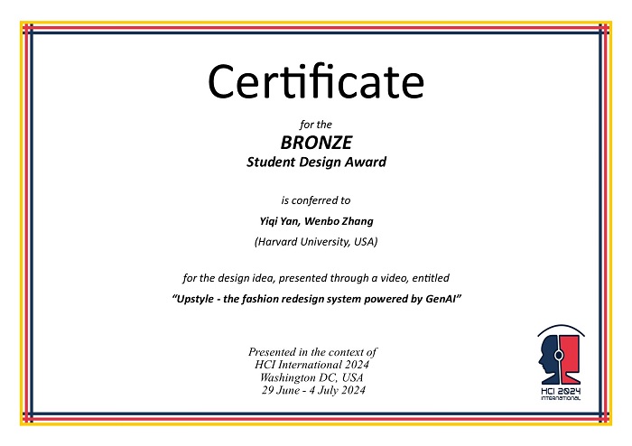 Certificate for the BRONZE student design award. Details in text following the image