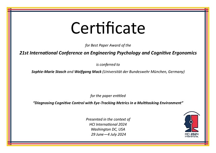 Certificate for best paper award of the 21st International Conference on Engineering Psychology and Cognitive Ergonomics. Details in text following the image