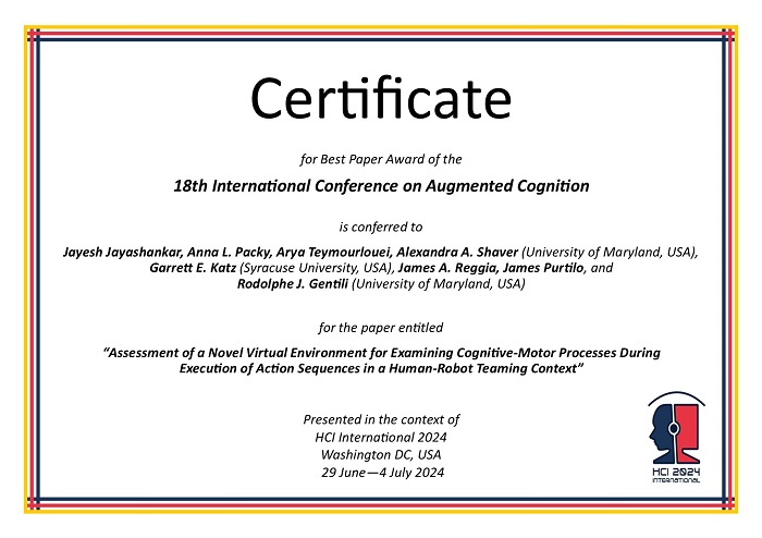 Certificate for best paper award of the 18th International Conference on Augmented Cognition. Details in text following the image