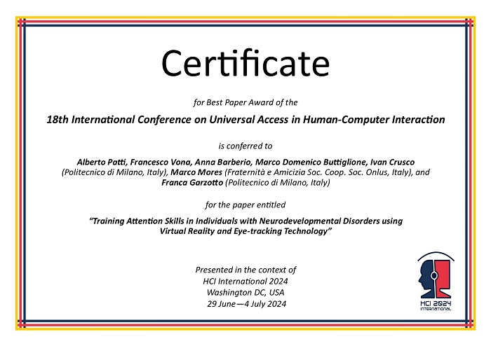 Certificate for best paper award of the 18th International Conference on Universal Access in Human-Computer Interaction. Details in text following the image