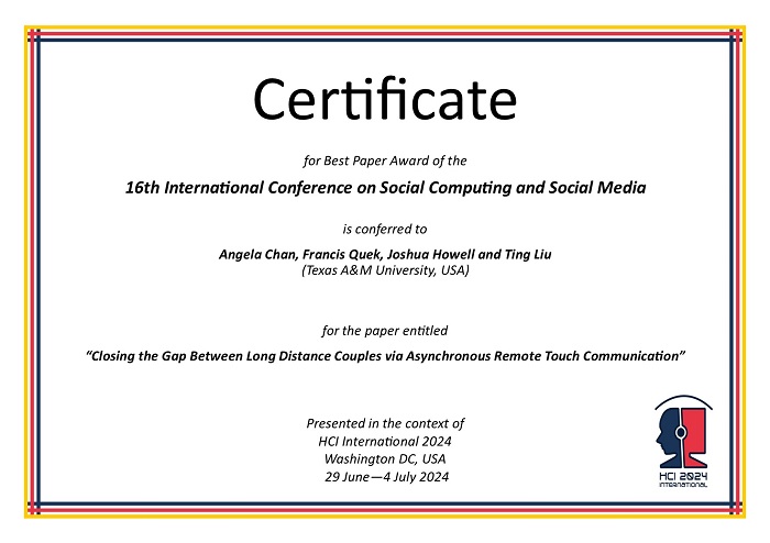 Certificate for best paper award of the 16th International Conference on Social Computing and Social Media. Details in text following the image