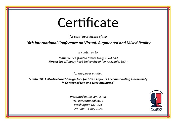 Certificate for best paper award of the 16th International Conference on Virtual, Augmented and Mixed Reality. Details in text following the image