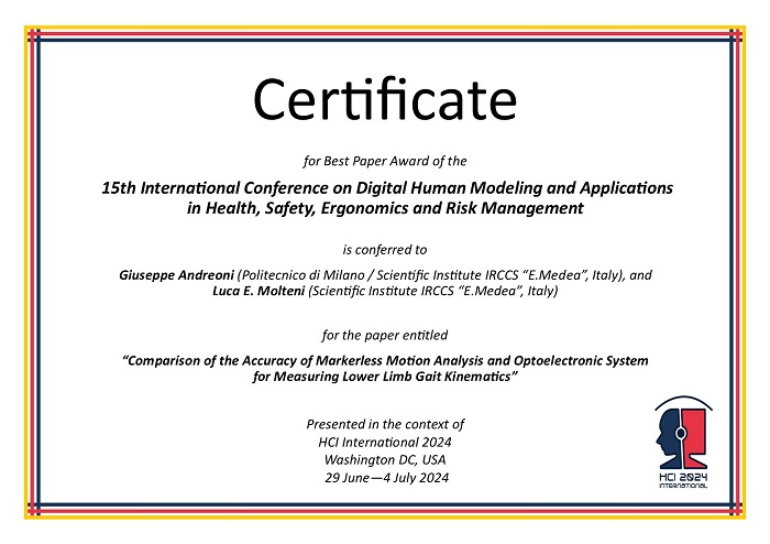 Certificate for best paper award of the 15th International Conference on Digital Human Modeling & Applications in Health, Safety, Ergonomics & Risk Management. Details in text following the image