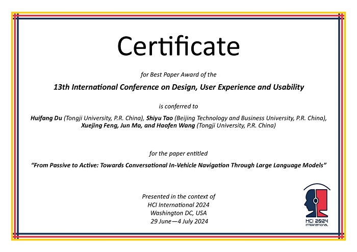 Certificate for best paper award of the 13th International Conference on Design, User Experience and Usability. Details in text following the image