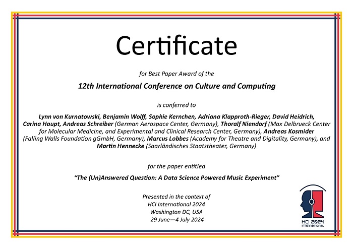 Certificate for best paper award of the 12th International Conference on Culture and Computing. Details in text following the image