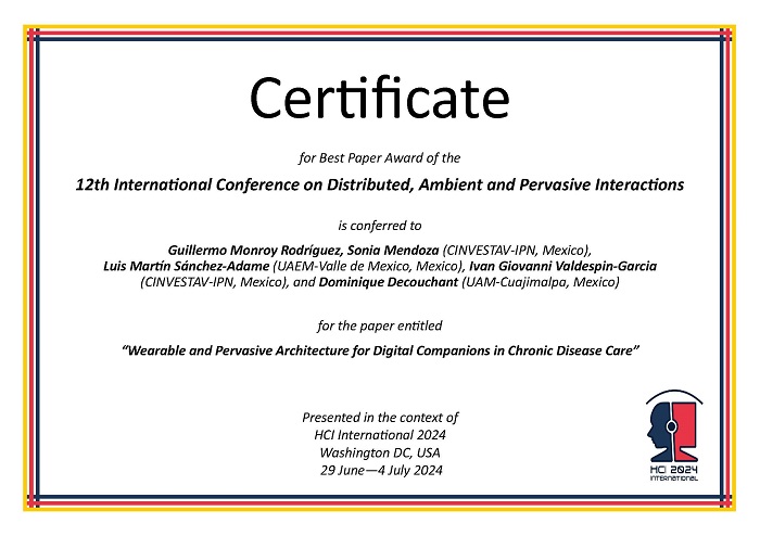 Certificate for best paper award of the 12th International Conference on Distributed, Ambient and Pervasive Interactions. Details in text following the image