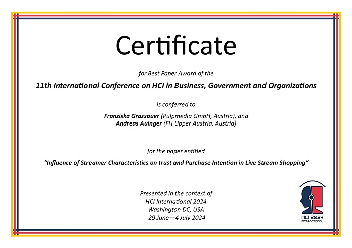 Certificate for best paper award of the 11th International Conference on HCI in Business, Government and Organizations. Details in text following the image