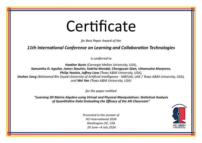 Certificate for best paper award of the 11th International Conference on Learning and Collaboration Technologies. Details in text following the image