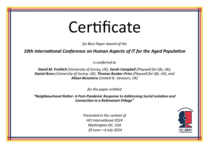 Certificate for best paper award of the 10th International Conference on Human Aspects of IT for the Aged Population. Details in text following the image