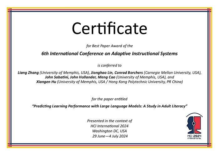 Certificate for best paper award of the 6th International Conference on Adaptive Instructional Systems. Details in text following the image