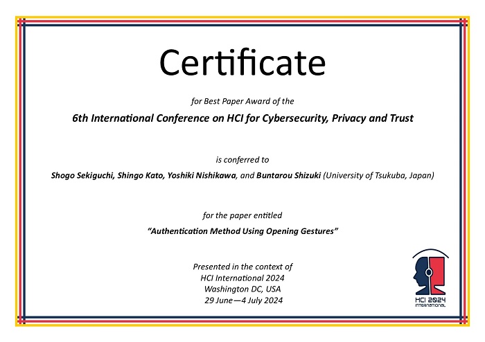 Certificate for best paper award of the 6th International Conference on HCI for Cybersecurity, Privacy and Trust. Details in text following the image