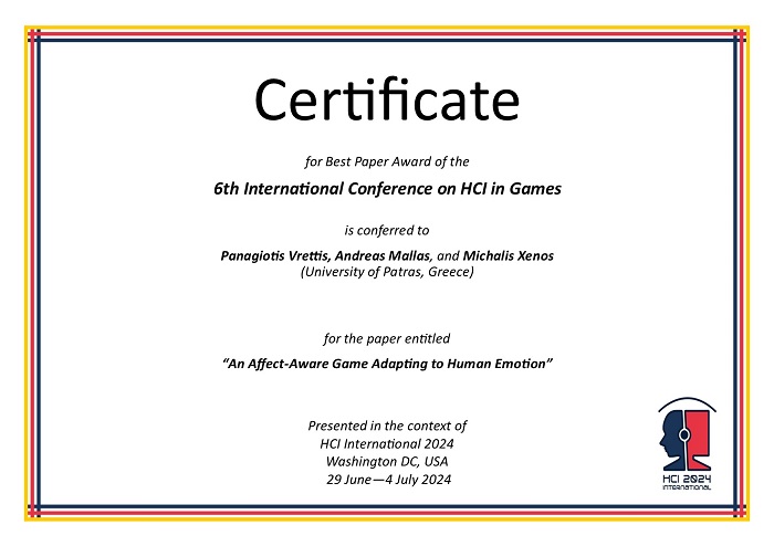 Certificate for best paper award of the 6th International Conference on HCI in Games. Details in text following the image