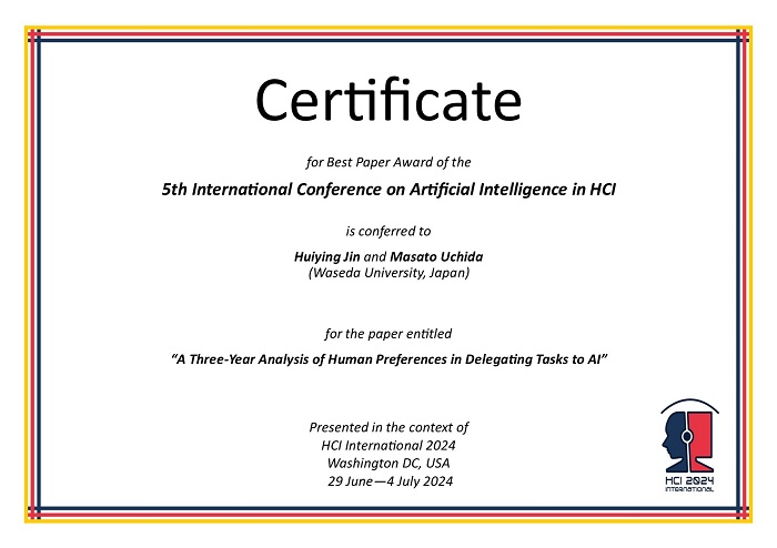 Certificate for best paper award of the 5th International Conference on Artificial Intelligence in HCI. Details in text following the image