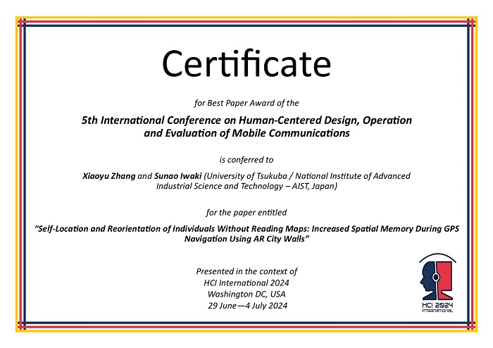 Certificate for best paper award of the 5th International Conference on Human-Centered Design, Operation and Evaluation of Mobile Communications. Details in text following the image