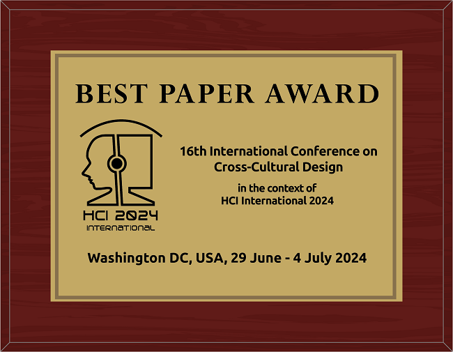 Cross-Cultural Design Best Paper Award. Details in text following the image.