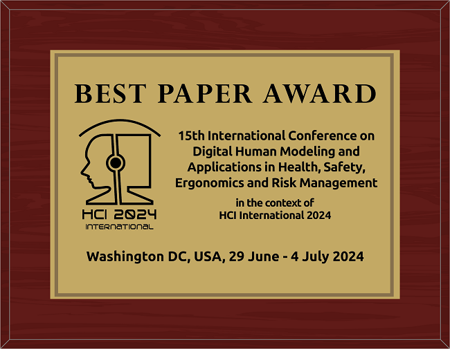 Digital Human Modeling & Applications in Health, Safety, Ergonomics & Risk Management Best Paper Award. Details in text following the image.