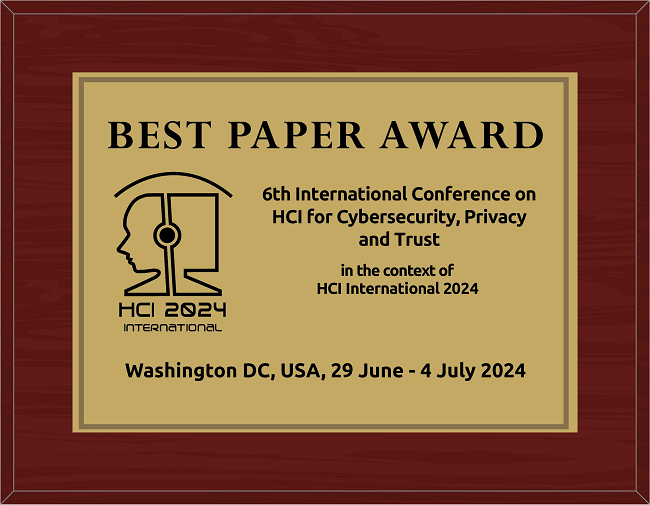 HCI for Cybersecurity, Privacy and Trust Best Paper Award. Details in text following the image.