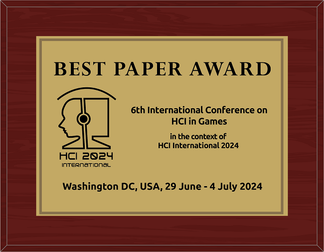 HCI in Games Best Paper Award. Details in text following the image.