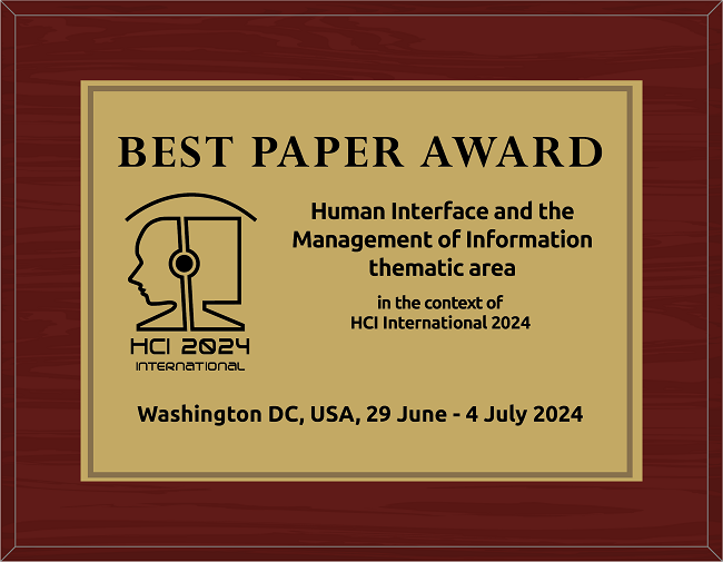 Human Interface and the Management of Information Best Paper Award. Details in text following the image.