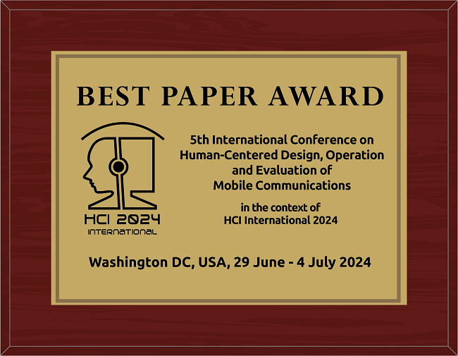 Human-Centered Design, Operation and Evaluation of Mobile Communications Best Paper Award. Details in text following the image.