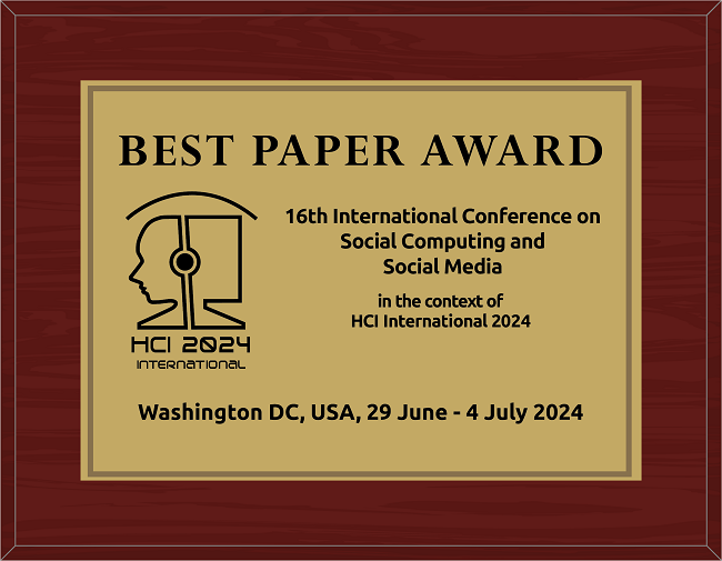 Social Computing and Social Media Best Paper Award. Details in text following the image.